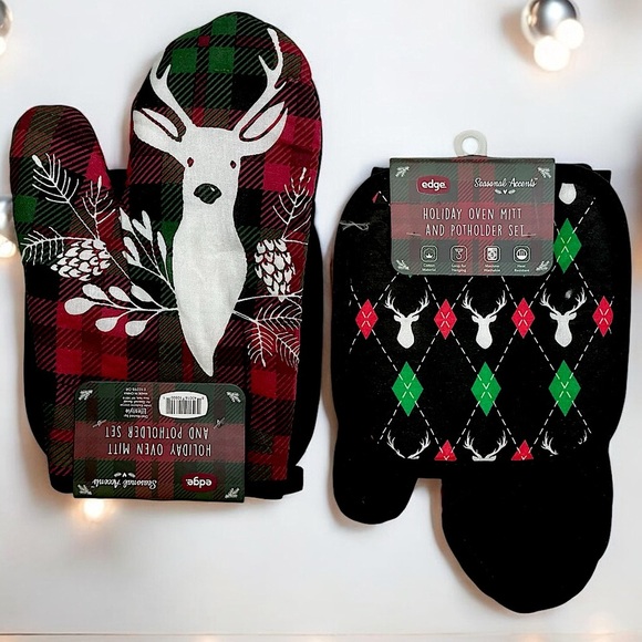 Holiday Deer Argyle Cotton Oven Mitt Potholder Set Christmas Winter Seasonal - Picture 16 of 16